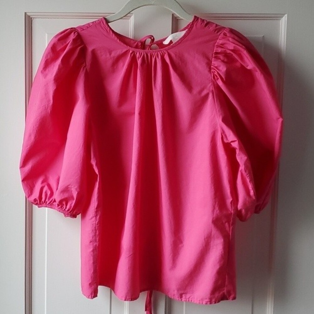 HOT PINK PUFF SLEEVE COTTON TOP XS STATEMENT SLEEVES H&M